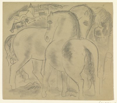 Twee paarden in een landschap met koeien door Leo Gestel