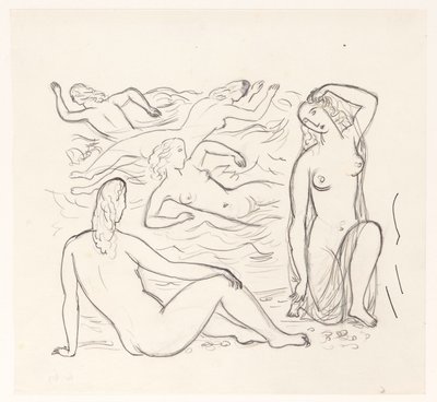 Vijf naakte vrouwen, in de branding of aan het strand door Leo Gestel