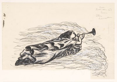 Vrouw met trompet, zwevend op wolken door Leo Gestel