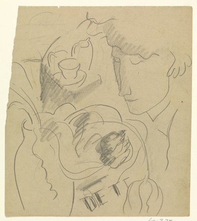 Vrouw ruikt aan bloemen in een vaas door Leo Gestel
