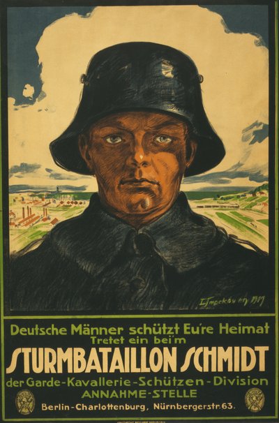 Sturmbataillon Schmidt; Duitse Mannen bescherm Uw Vaderland! 1919 (kleur lithografie) door Leo Impekoven