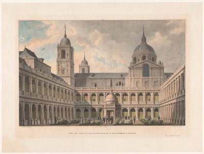 Zicht op de Patio de los Evangelistas van het Monasterio de San Lorenzo de El Escorial door Leon Auguste Asselineau