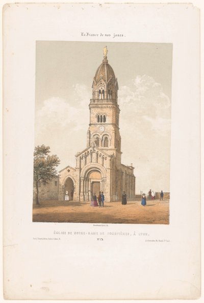 Zicht op de basiliek Notre-Dame de Fourvière in Lyon door Leon Auguste Asselineau