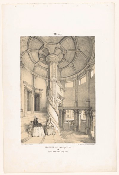 Zicht op de spiraalvormige trap van koning Frans I in het kasteel van Blois door Leon Auguste Asselineau