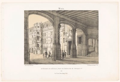 Zicht op het interieur van het kasteel van Blois met de achtkantige traptoren van koning Frans I door Leon Auguste Asselineau
