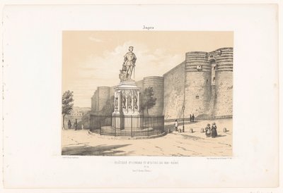 Zicht op het standbeeld van René I van Anjou en het kasteel van Angers door Leon Auguste Asselineau