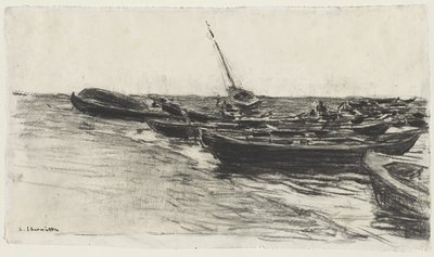 Vissersboten op het Strand bij Étretat door Leon Augustin Lhermitte