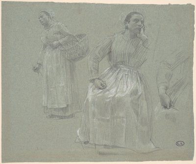 Studie van Twee Vrouwen, Een Zittend en Een met een Mand door Leon Augustin Lhermitte
