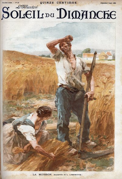 De oogst. Boeren maaien het tarwe op een veld. (gebaseerd op de aquarel van L. Lhermitte) Gravure in Le sun-du-dimanche, 6 augustus door Leon Augustin Lhermitte