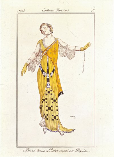 Dioné, tekening door Bakst gemaakt door Jeanne Paquin. Costumes Parisiens no.73 door Leon Bakst