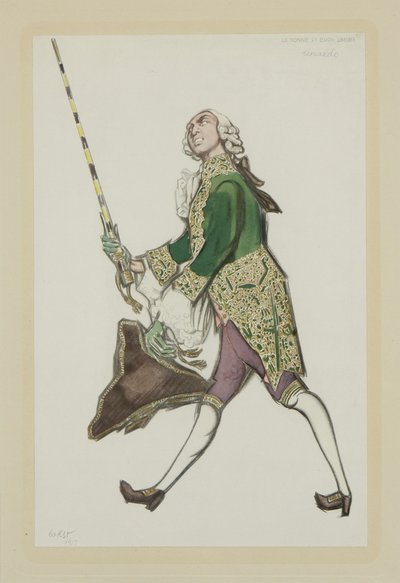 Kostuumontwerp voor Rinaldo in het ballet De goedgehumeurde dames van Scarlatti door Leon Bakst