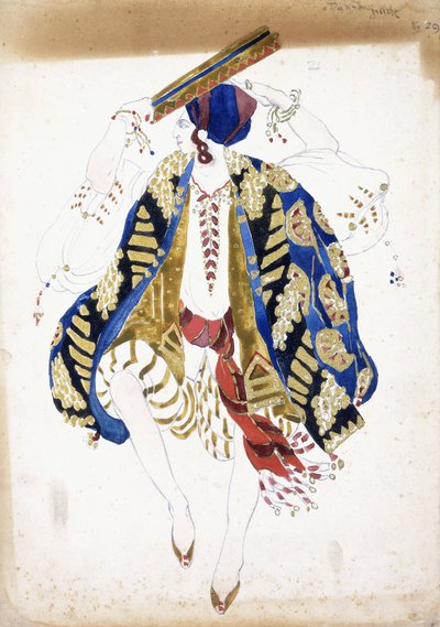 Kostuumontwerp voor een mannelijke danser in "Danse Juive", gekleed in knickerbockers en een tulband, spelend op een tamboerijn door Leon Bakst