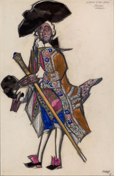 Kostuumontwerp voor het ballet Les femmes de bonne humeur door Leon Bakst