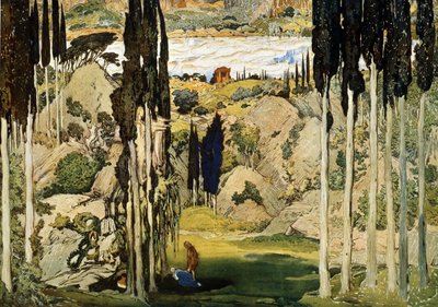 Decorontwerp voor het ballet Daphnis en Chloë van Maurice Ravel (1875-1937). Schilderij van Leon Bakst (1866-1924). Aquarel en gouache op papier, 74 x 103,5 cm door Leon Bakst