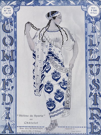 Les Ballets Russes: Helena van Sparta in het Chatelet, juffrouw Ida Rubinstein in de rol van Helena - aquarel door Bakst, cov. in Comoedia geïllustreerd door Leon Bakst