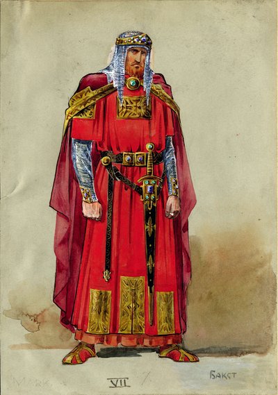 Middeleeuwse Prins, Kostuumontwerp (aquarel en gouache op papier) door Leon Bakst