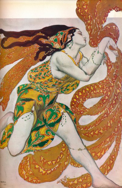Narcisse: Een Bacchante. Kostuumontwerp voor de dans Narcisse door Leon Bakst
