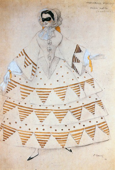 Noble Waltz, kostuumschets voor het ballet " Carnaval " met muziek van Robert Schumann (aquarel, krijt en gewassen op papier) door Leon Bakst