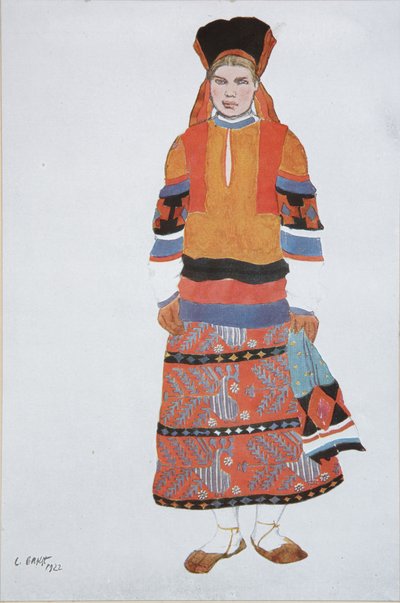 Boerin. Kostuumontwerp voor de Vaudeville Oude Moskou in het Théâtre Femina in Parijs, 1922 door Leon Bakst