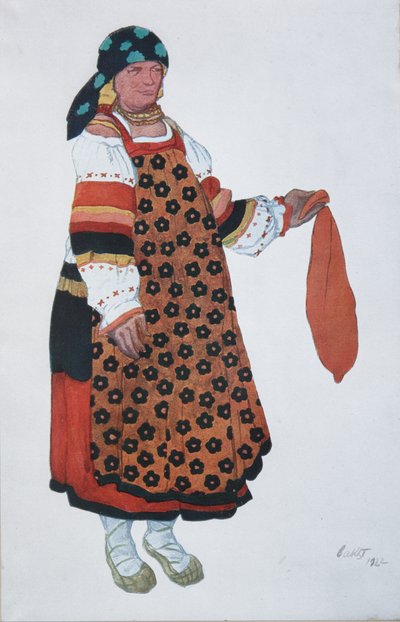 Boerin. Kostuumontwerp voor de Vaudeville Oud Moskou in het Théâtre Femina in Parijs, 1922 door Leon Bakst