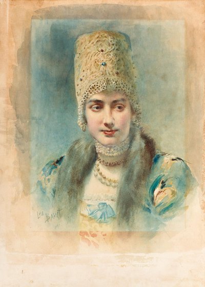 Portret van een Meisje met een Kokoshnik door Leon Bakst