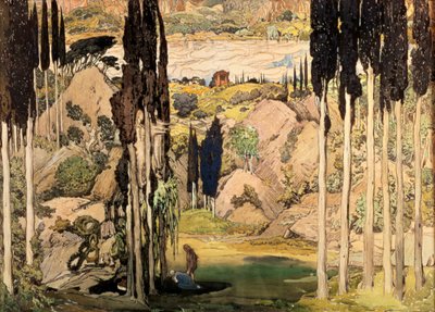 Decorontwerp voor Act II van een Ballet Russes productie van Ravels Daphnis en Chloe, 1912 door Leon Bakst