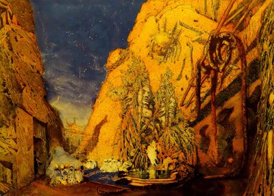 Toneelontwerp voor het ballet Blauwe God door R. Hahn, 1911 door Leon Bakst
