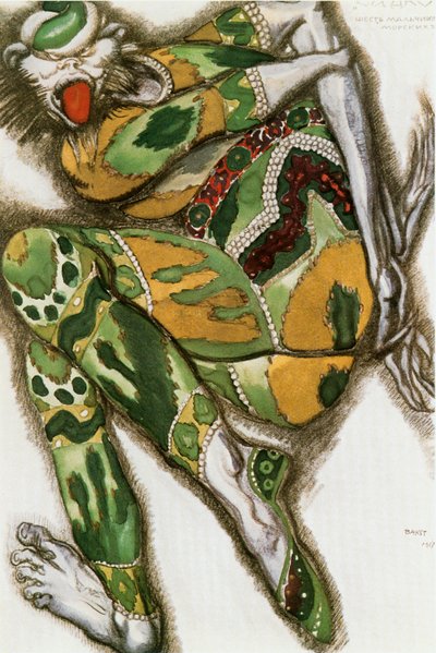 Het groene monster, kostuumschets voor Nicolai Rimski-Korsakovs opera " Sadko " (aquarel, gouache en goud op papier) door Leon Bakst