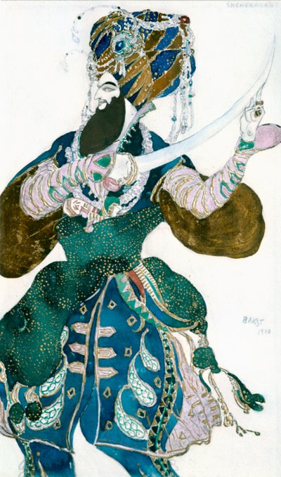 De Shah van Perzië, kostuumontwerp voor een Ballets Russes productie van Scheherazade, ca. 1913 door Leon Bakst