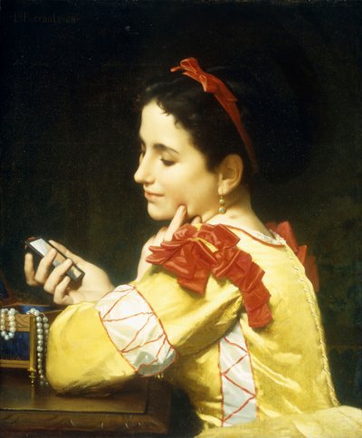 Dame kijkt in handspiegel, 1868 door Leon Bazile Perrault