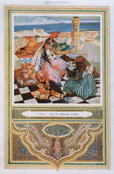 Vrouw die een Shisha (waterpijp) rookt op een terras in Algiers, ca. 1900 door Leon Cauvy