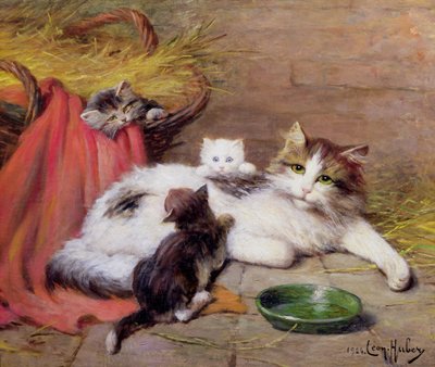 Kat met Kittens, 1924 door Leon Charles Huber