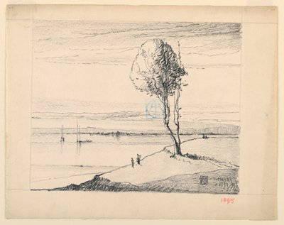 Heuvel en Boom met Zeilboten in de Verte door Leon Dabo