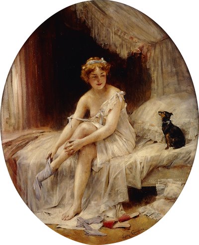 Kleine Vrouw die Haar Kousen Aantrekt; Petite Femme mettant sa bas door Leon Francois Comerre