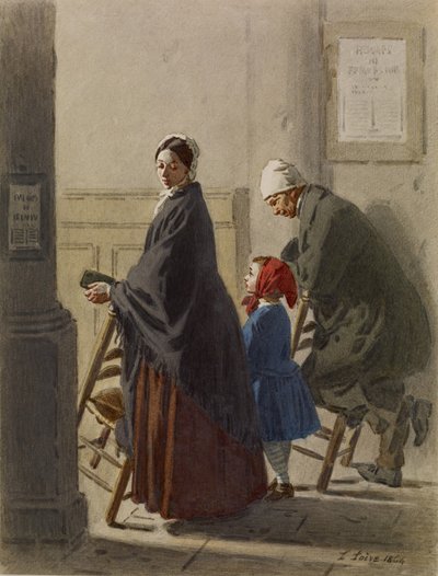 Man, vrouw en meisje in gebed in de kerk, 1864 door Leon Henri Antoine Loire