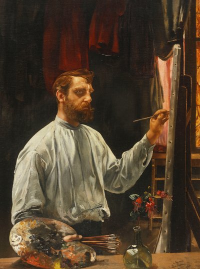 Portret van Leon Frederic, staand half lengte bij zijn ezel, 1900 door Leon Henri Marie Frederic
