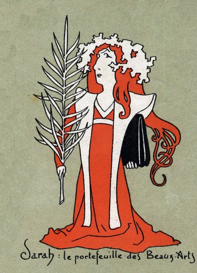 Cartoon door Henriette Rosine Bernard alias Sarah Bernhardt als een portfolio van Schone Kunsten - Illustratie door Leon Lebegue - Gravure in 