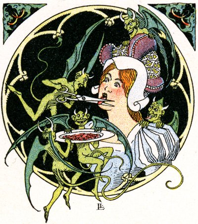 Duivels beitelen de tong van een vrouw uit door Leon Lebegue