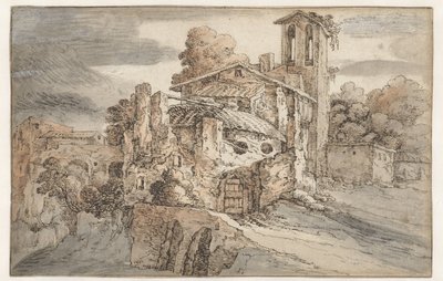 Kerk en antieke ruïnes in Italië door Leonaert Bramer (attributed to)