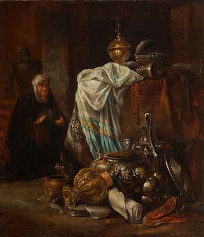 Stilleven met oosterse voorwerpen en metalen vaten door Leonaert Bramer