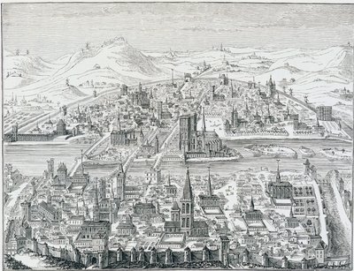 Groot perspectief van Parijs in 1607, gebaseerd op de gravure van Léonard Gaultier door Leonard Gaultier