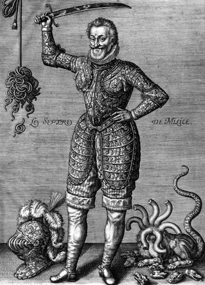 Henri IV (1553-1610) Franse koning in 1589-1610, hier in een harnas, met een zwaard, als een rechtzetter van onrecht, gravure door Leonard Gaultier door Leonard Gaultier