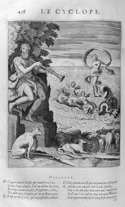 Polyphemus de reusachtige zoon van Poseidon en Thoosa in de Griekse mythologie, een van de Cyclopen beschreven in de Odyssee door Leonard Gaultier