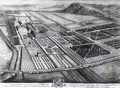 Chatsworth House, gegraveerd door Johannes Kip door Leonard Knyff