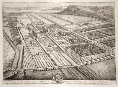 Chatsworth House, zetel van William Cavendish (1640-1707) 1e Hertog van Devonshire, gegraveerd door Johannes Kip door Leonard Knyff