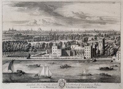 Lambeth, het paleis van Zijne Genade de aartsbisschop van Canterbury, gegraveerd door I. Kip door Leonard Knyff