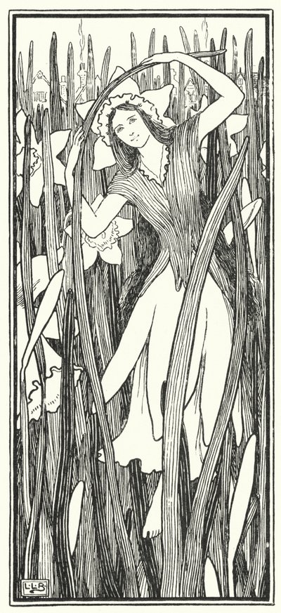 Daffy-down-dilly is naar de stad gekomen, in een gele onderrok en een groene jurk (gravure) door Leonard Leslie Brooke