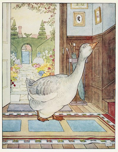 Gansje, Gansje Gans, Waar Zal Ik Zwerven?, uit A Nursery Rhyme Picture Book, uitgegeven 1914 (kleur litho) door Leonard Leslie Brooke