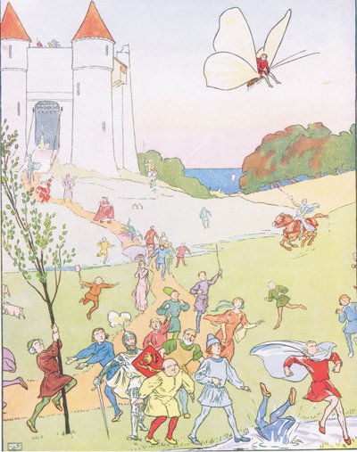 Hij sprong op de rug van de vlinder en werd de lucht in gedragen door Leonard Leslie Brooke