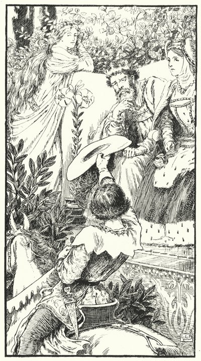 Hier komt een lustige minnaar (gravure) door Leonard Leslie Brooke